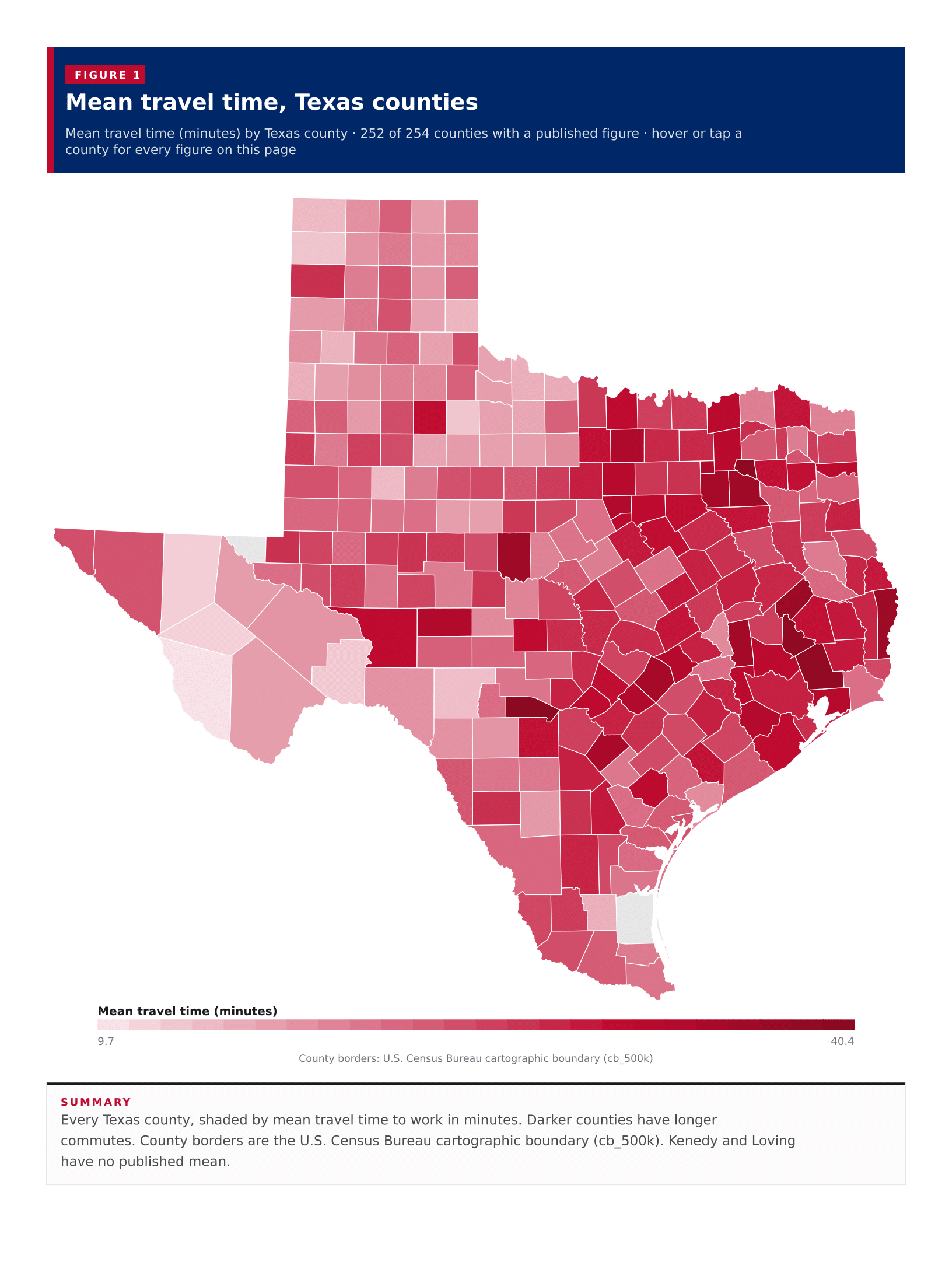 Figure 1: Mean travel time, Texas counties