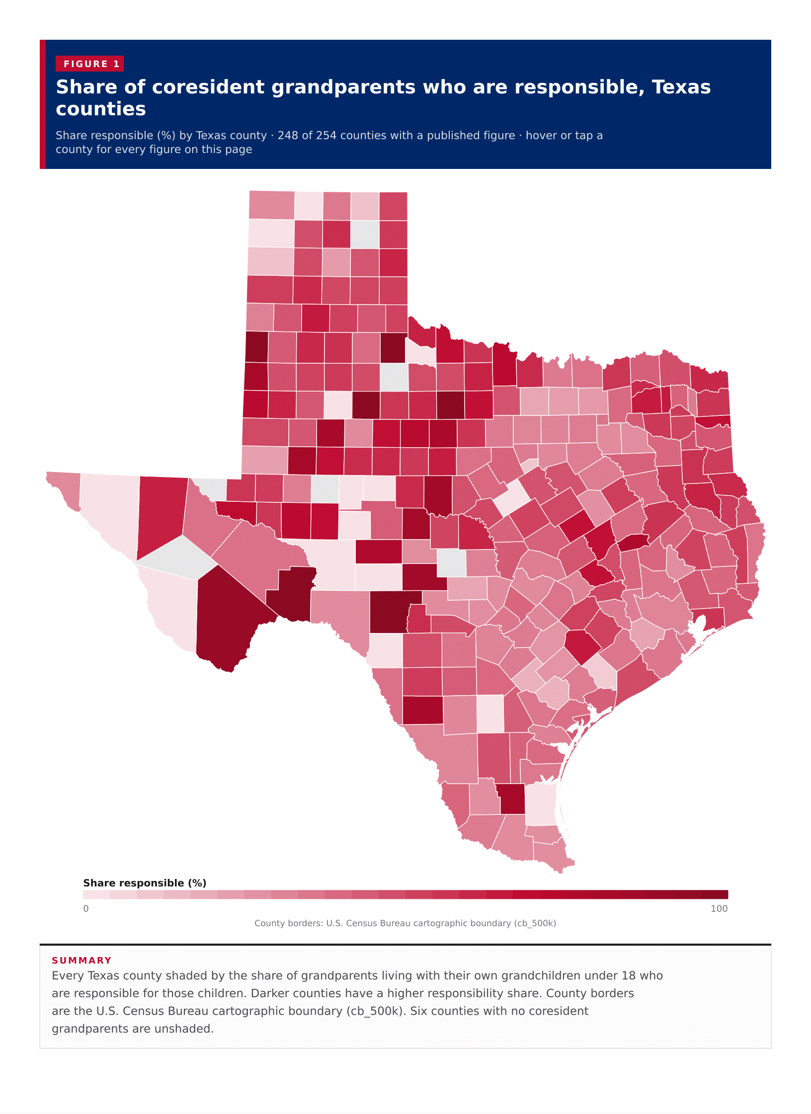 Figure 1: Share of coresident grandparents who are responsible, Texas counties Figure 1: Share of coresident grandparents who are responsible, Texas counties