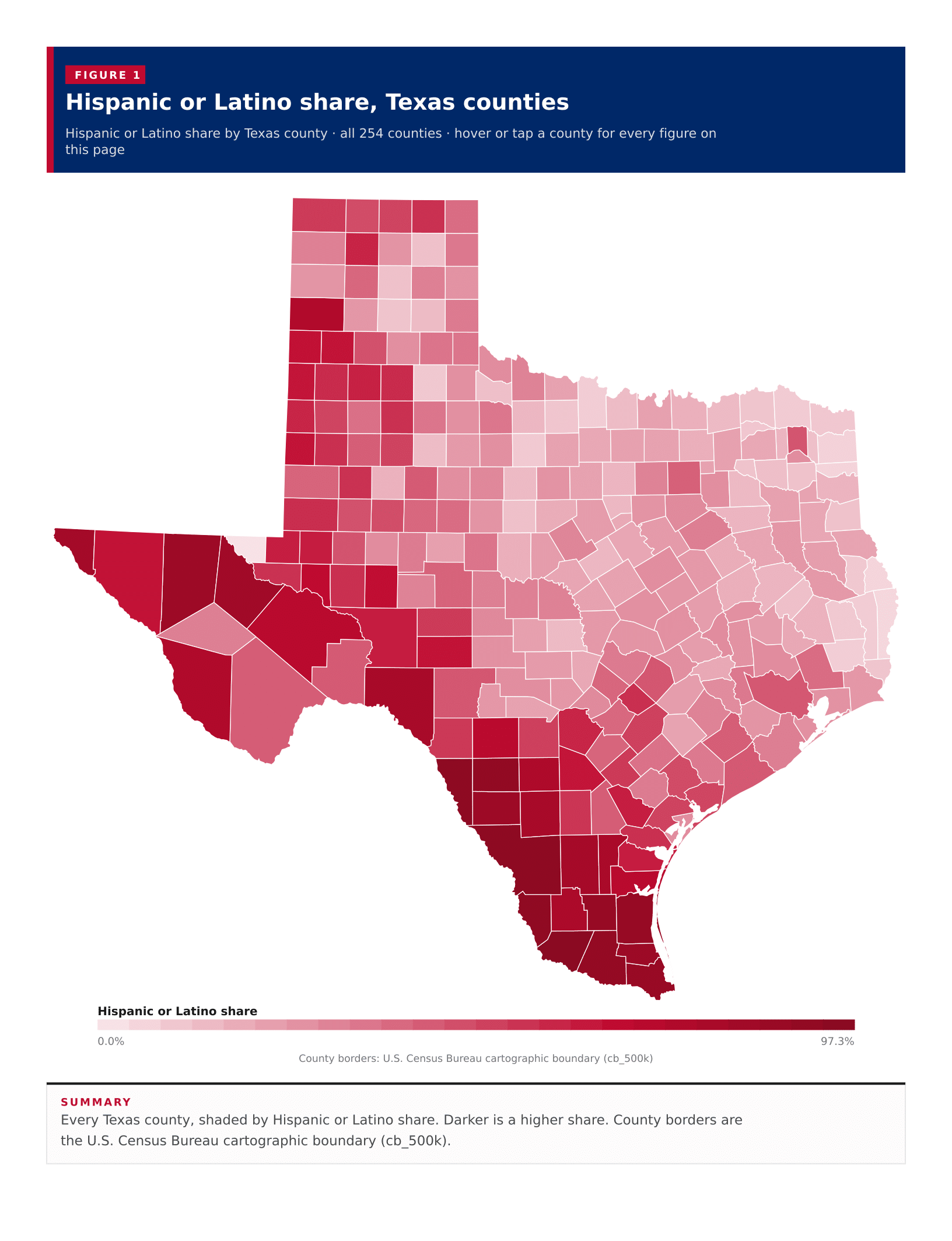 Figure 1: Hispanic or Latino share, Texas counties Figure 1: Hispanic or Latino share, Texas counties
