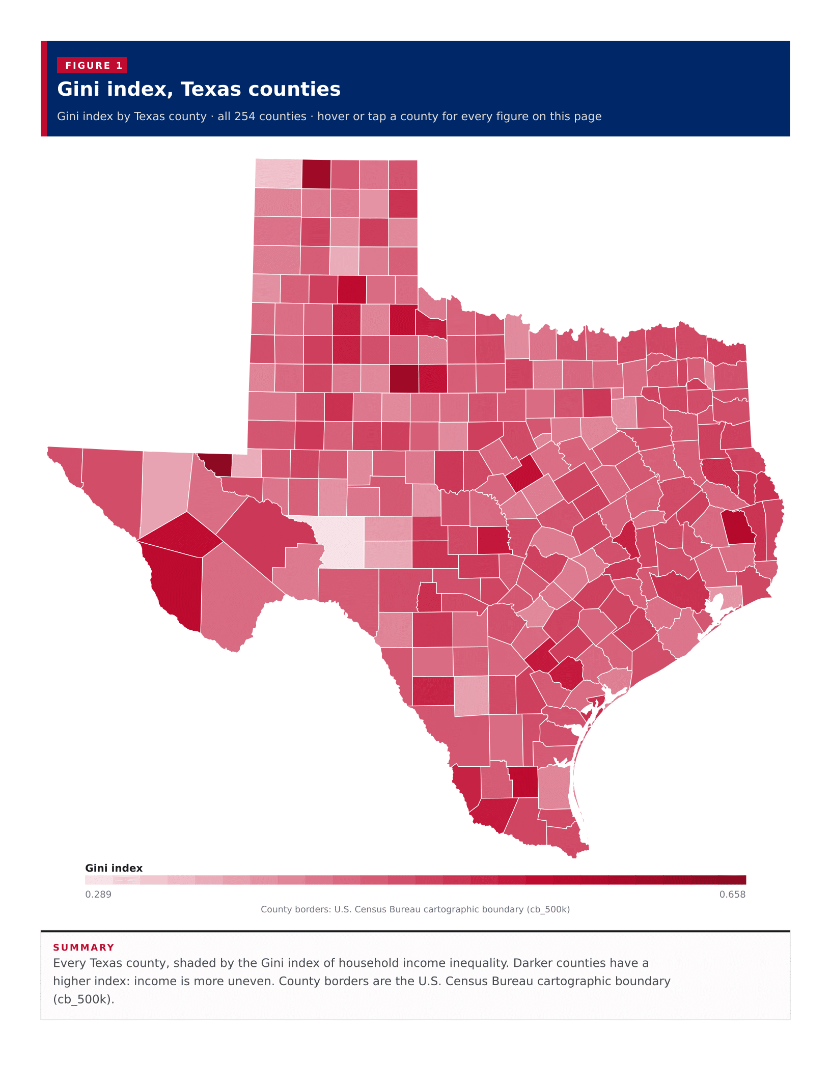 Figure 1: Gini index, Texas counties Figure 1: Gini index, Texas counties