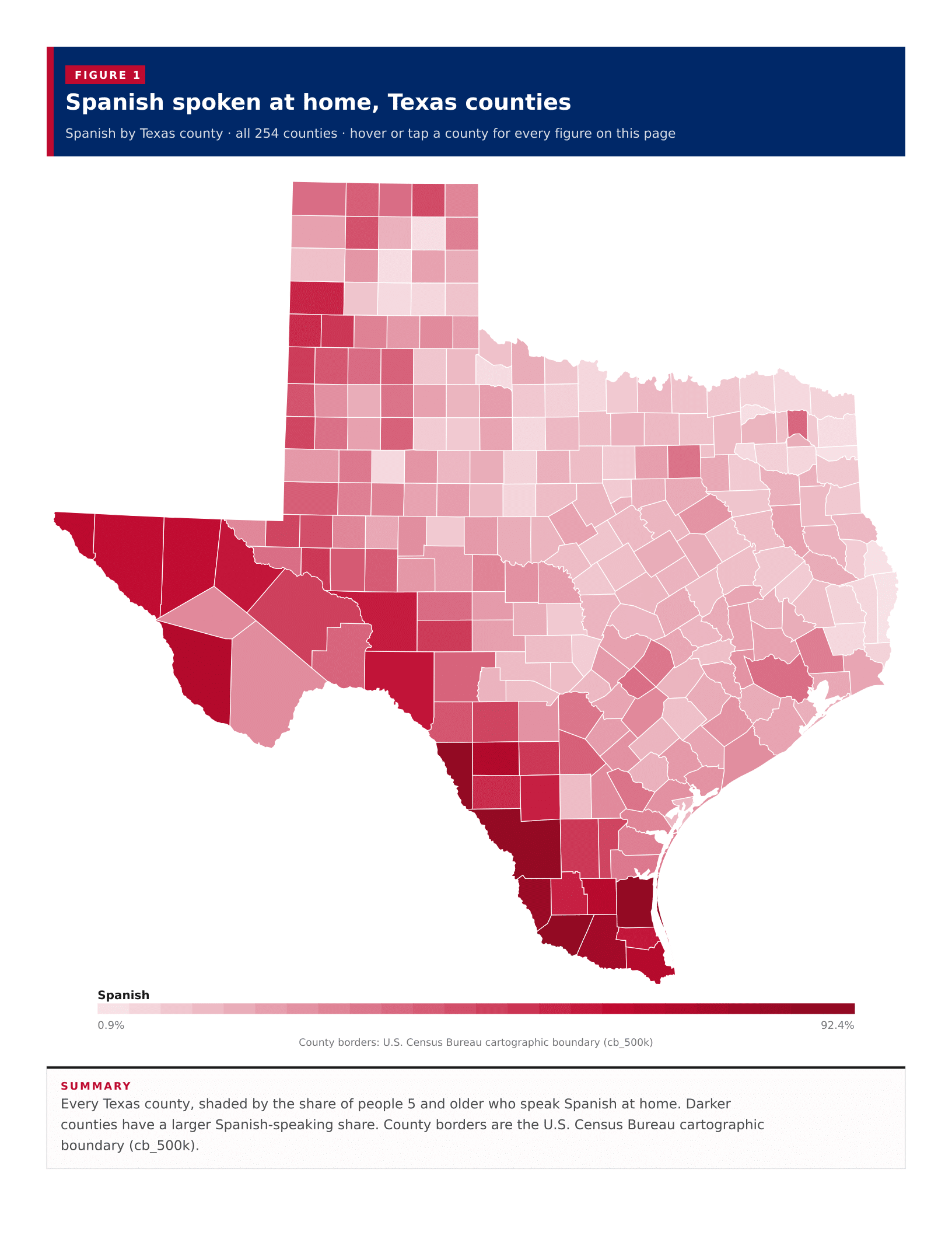 Figure 1: Spanish spoken at home, Texas counties Figure 1: Spanish spoken at home, Texas counties
