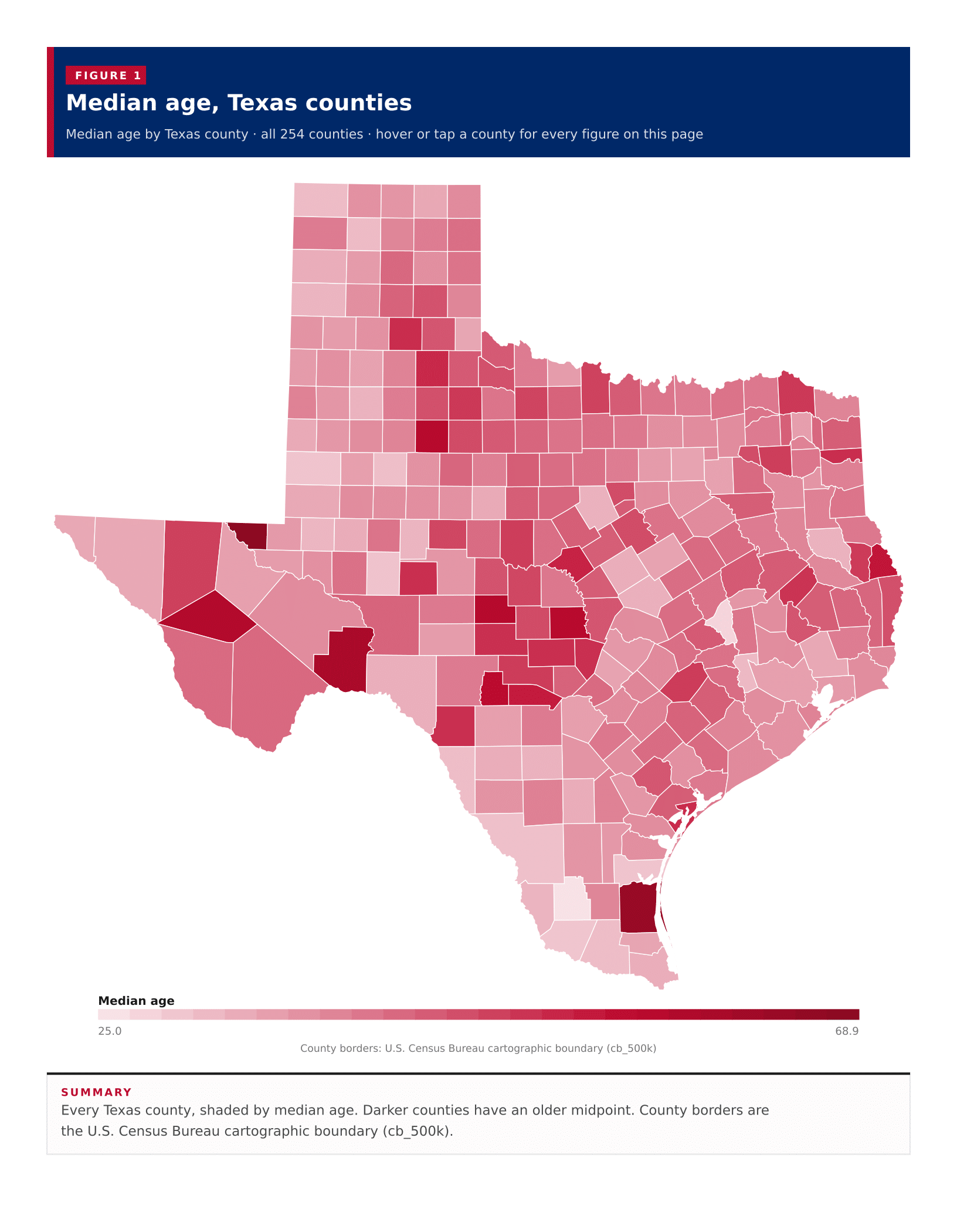 Figure 1: Median age, Texas counties