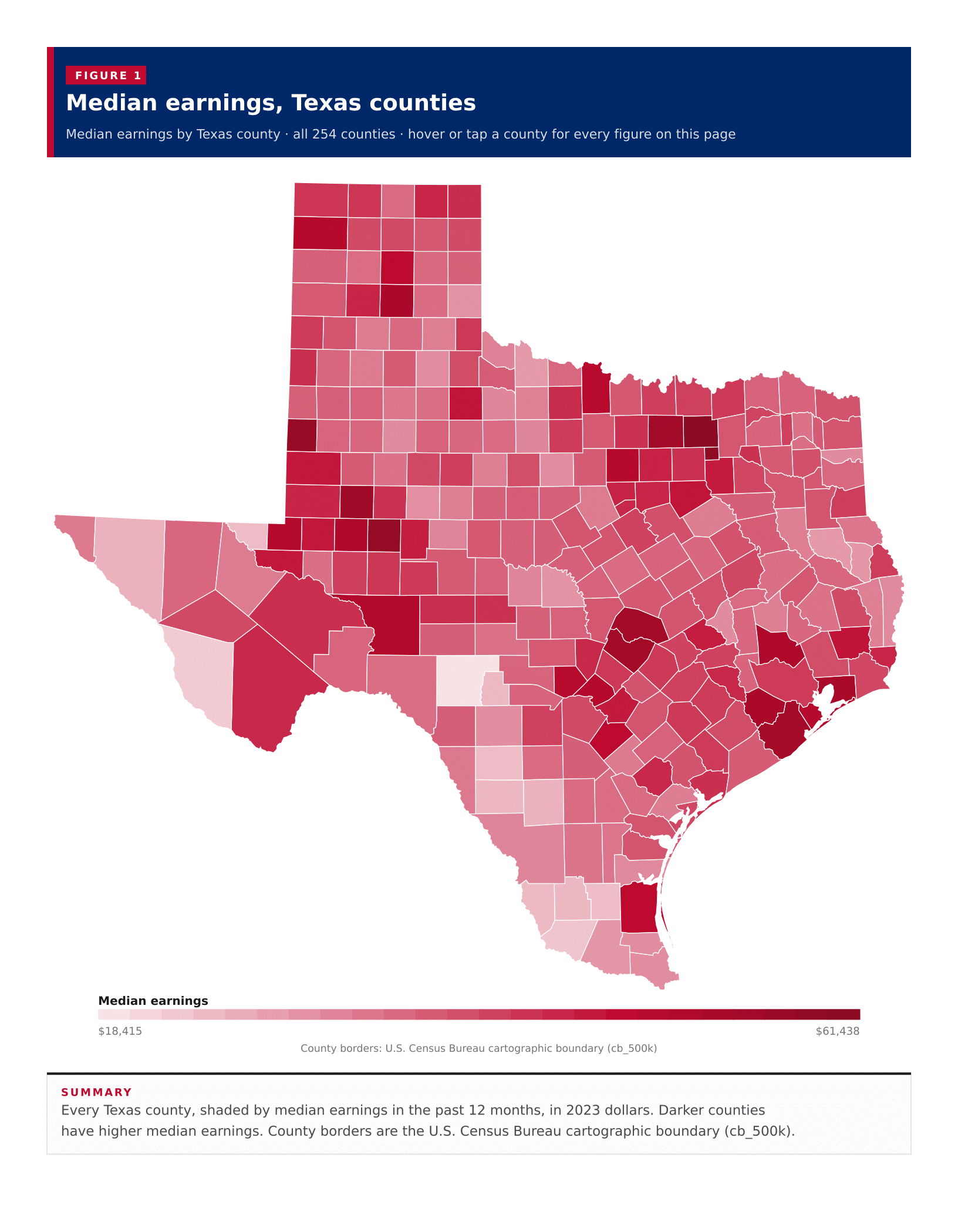 Figure 1: Median earnings, Texas counties Figure 1: Median earnings, Texas counties