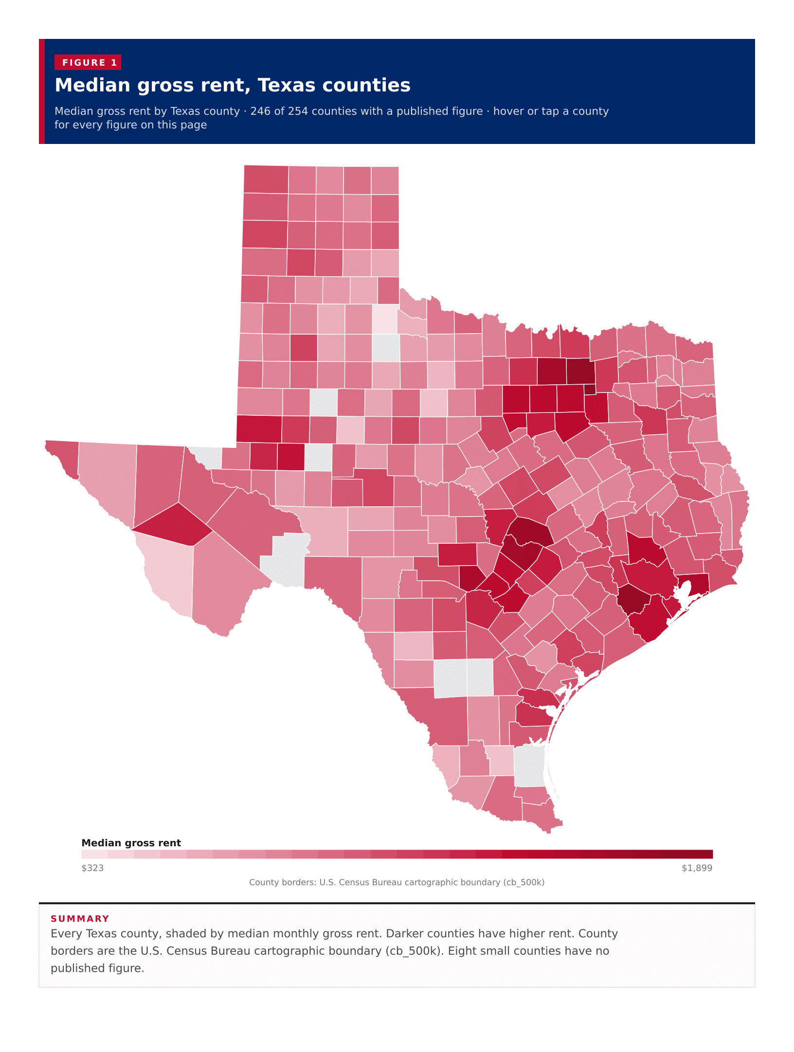 Figure 1: Median gross rent, Texas counties Figure 1: Median gross rent, Texas counties