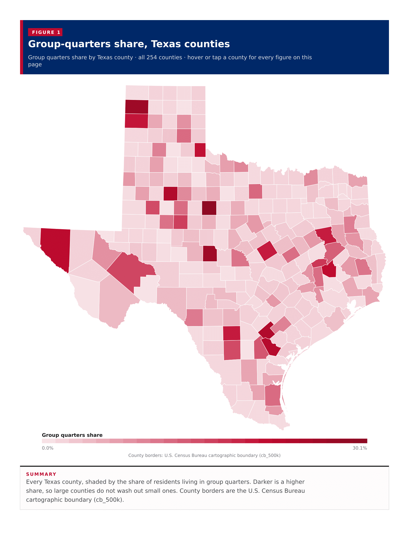 Figure 1: Group-quarters share, Texas counties