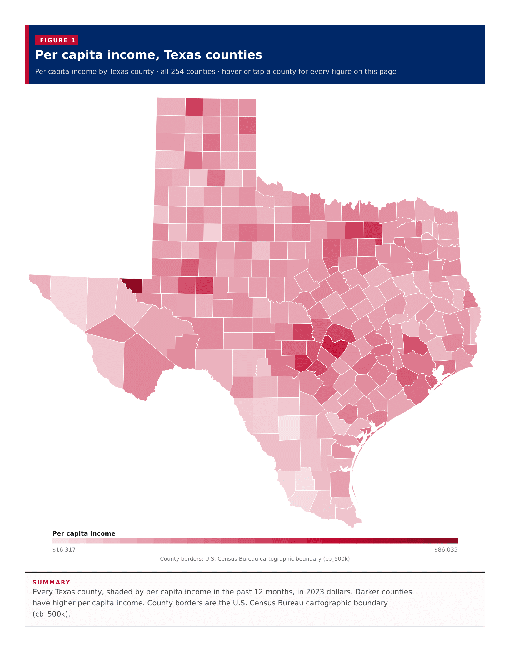Figure 1: Per capita income, Texas counties Figure 1: Per capita income, Texas counties