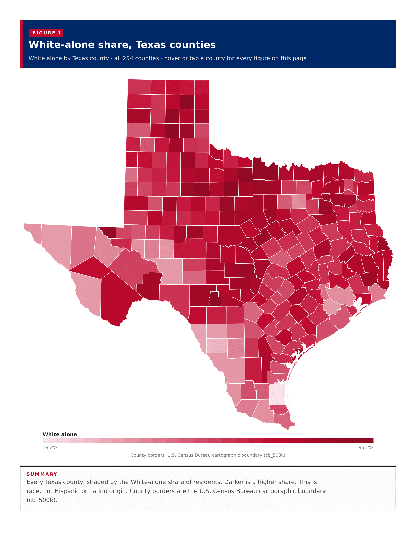 Figure 1: White-alone share, Texas counties Figure 1: White-alone share, Texas counties