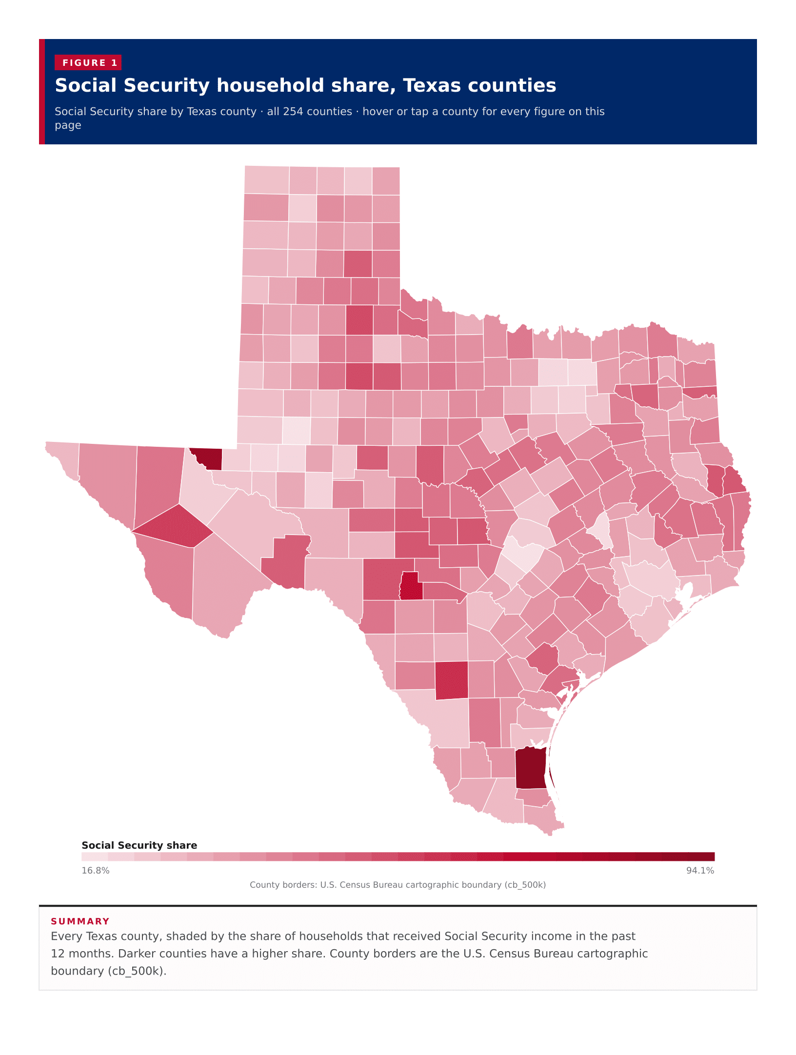 Figure 1: Social Security household share, Texas counties Figure 1: Social Security household share, Texas counties