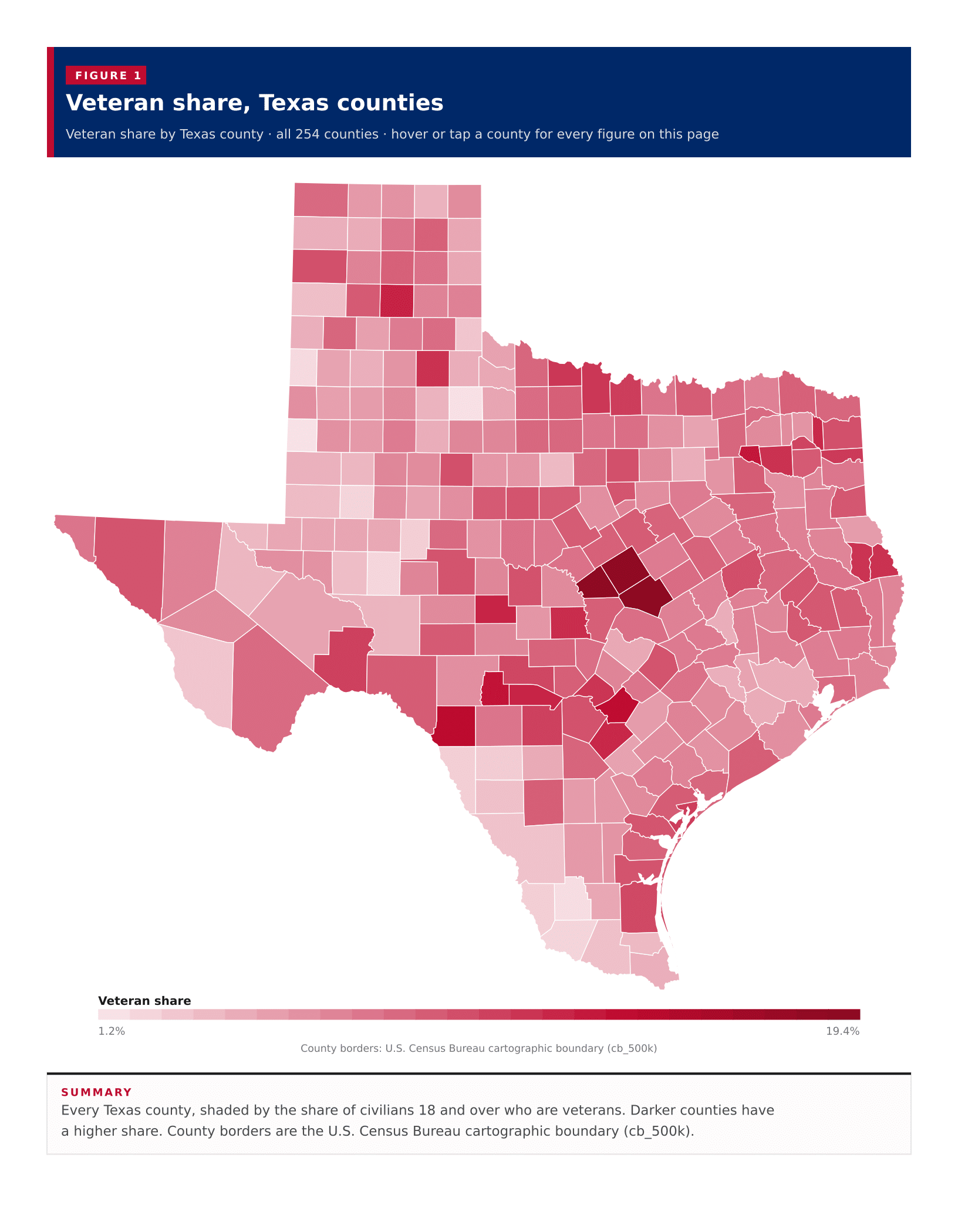 Figure 1: Veteran share, Texas counties Figure 1: Veteran share, Texas counties