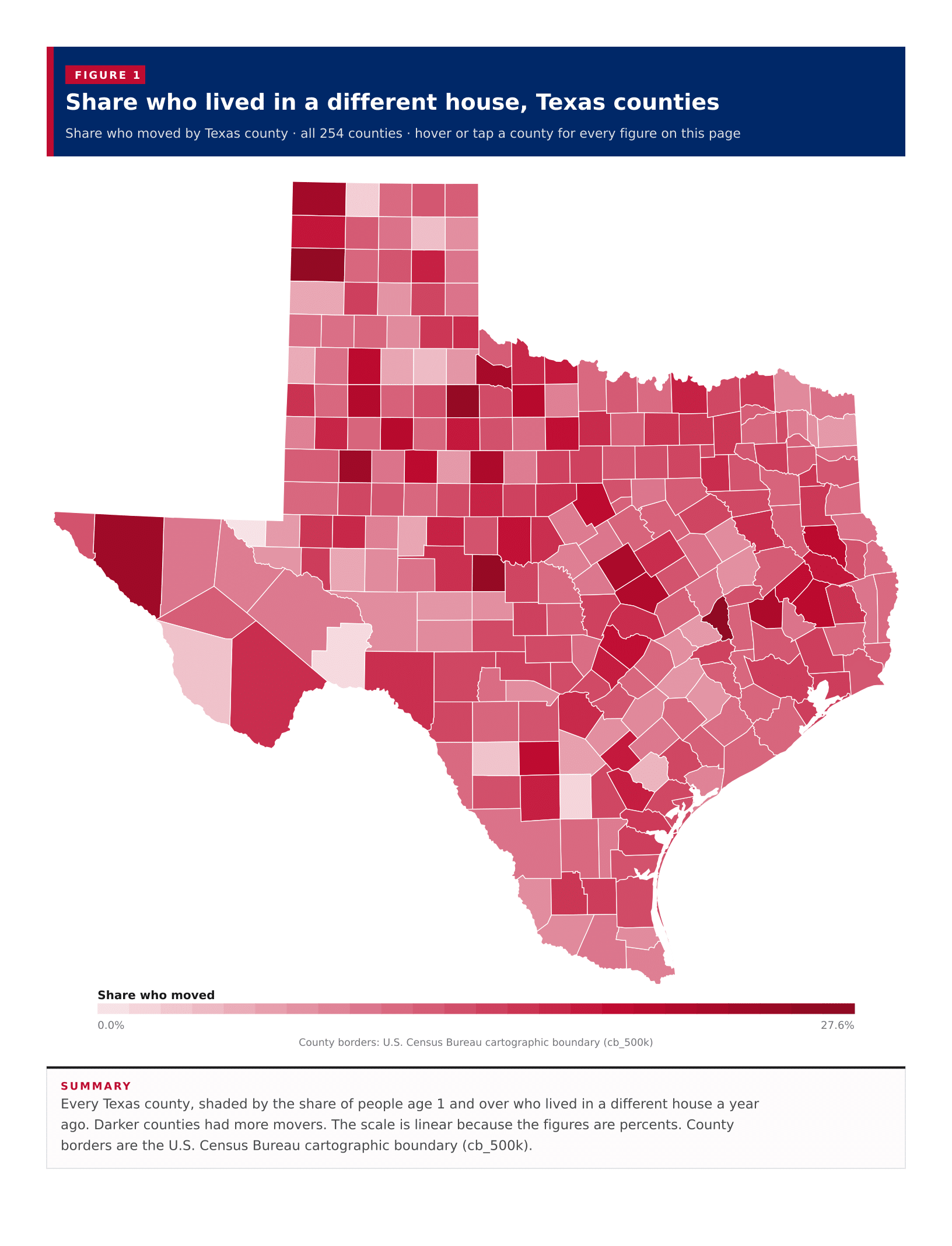 Figure 1: Share who lived in a different house, Texas counties Figure 1: Share who lived in a different house, Texas counties