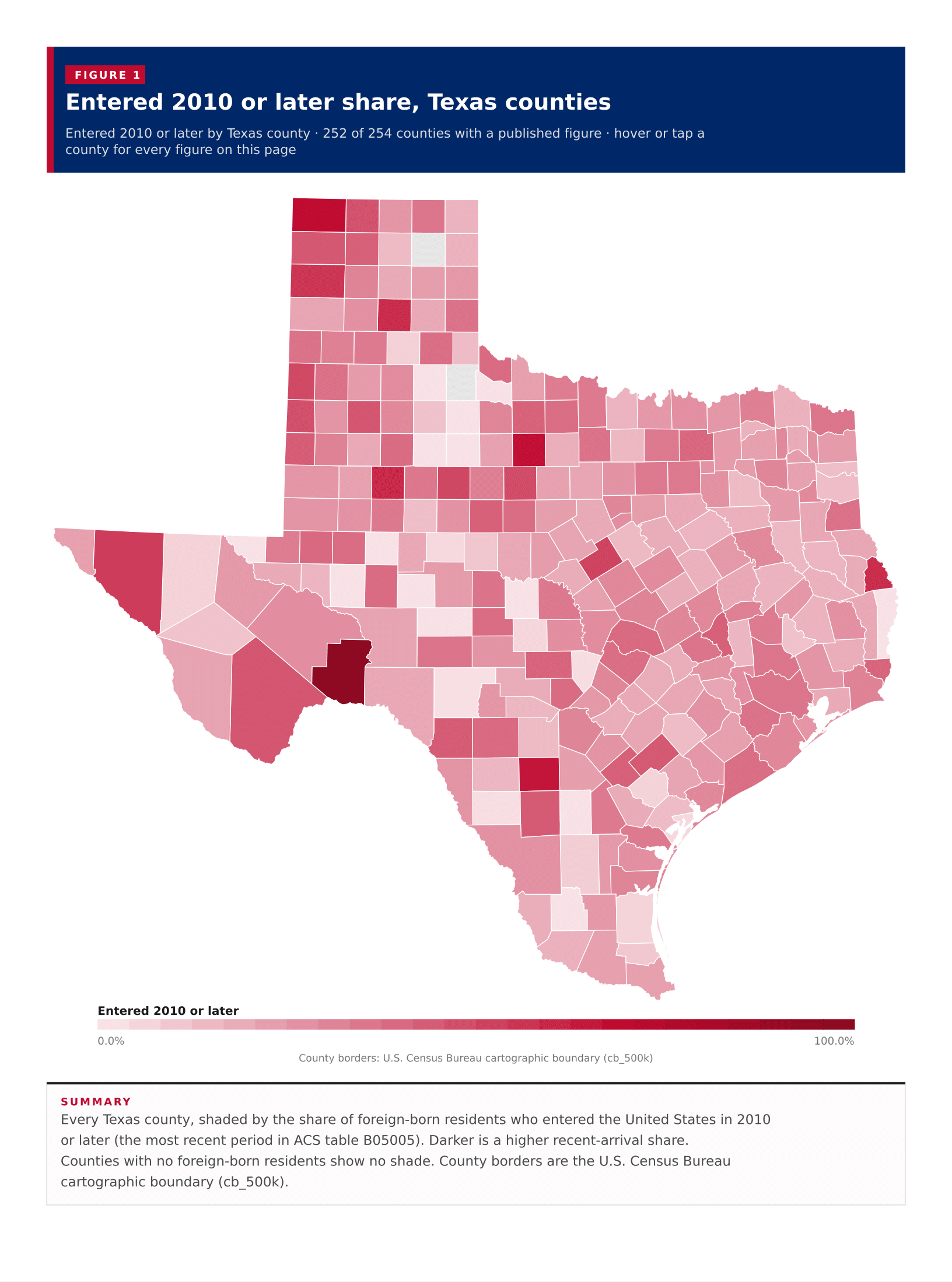 Figure 1: Entered 2010 or later share, Texas counties Figure 1: Entered 2010 or later share, Texas counties